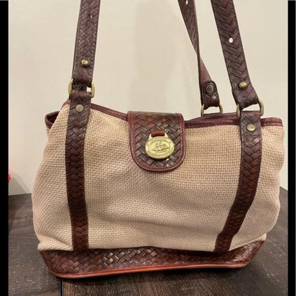 Vintage Brahmin Harbor khaki woven shoulder bag with brown leather trim handles - Picture 3 of 12